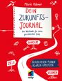 Text: "DEIN ZUKUNFTS-JOURNAL", "WÜNSCHE", "ZIELE", "VISIONEN". 
Illustrationen: Rakete, Schlüssel, Wegschilder.