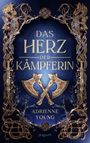 "Das Herz der Kämpferin" steht in goldener Schrift auf blauem Hintergrund, umrahmt von Gold-Ornamenten und zwei gekreuzten Äxten.
