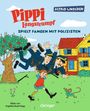 "Pippi Langstrumpf spielt Fangen mit Polizisten" steht oben. Illustration: Pippi hebt zwei Polizisten, ein Affe schaut zu.