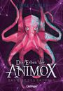 Titel: "Die Erben der Animox: Das Gift des Oktopus". Illustration eines pinken Oktopus auf violettem Hintergrund.