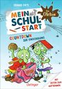 "Erhard Dietl, Mein Schulstart: Countdown zur Einschulung. Die Olchis. Zwei grüne Figuren mit Schultasche und Buch."