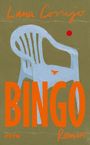 "Lana Corujo", "BINGO", "Roman". Illustration eines blauen Stuhls auf olivgrünem Hintergrund mit rotem Punkt.