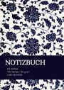 "NOTIZBUCH, A4 dotted, 100 Seiten | 90 g/m², LIWI EDITION." Dunkelblaues Blumenmuster auf weißem Hintergrund.