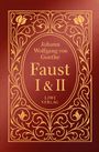 „Johann Wolfgang von Goethe, Faust I & II, LIWI VERLAG“ steht in goldener Schrift auf rotem Hintergrund mit floralen Mustern.