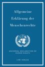 Text: Allgemeine Erklärung der Menschenrechte. Logo: Vereinte Nationen auf blauem Hintergrund.