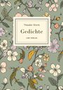 Theodor Storm, Gedichte, LIWI VERLAG. Ein florales Muster auf grünem Hintergrund mit bunten Blumen und Blättern.