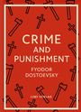 "CRIME AND PUNISHMENT FYODOR DOSTOEVSKY LIWI VERLAG." Roter Hintergrund mit Äxten und Kreuzen als Illustration.
