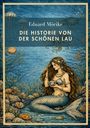 „Eduard Mörike, Die Historie von der schönen Lau“ erscheint über einer Illustration einer Meerjungfrau in Unterwasserlandschaft.