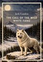 Jack London: THE CALL OF THE WILD WHITE FANG. Illustration eines weißen Wolfs in schneebedeckter Berglandschaft bei Vollmond.