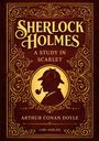 "Sherlock Holmes: A Study in Scarlet" von Arthur Conan Doyle. Goldene Verzierungen um Silhouette von Sherlock Holmes.