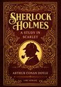 "Sherlock Holmes: A Study in Scarlet, Arthur Conan Doyle, LIWI Verlag." Goldverzierung mit Silhouette eines Mannes mit Pfeife.