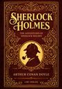 "Sherlock Holmes", "The Adventures of Sherlock Holmes", "Arthur Conan Doyle", "LIWI VERLAG". Goldene Verzierungen, Silhouette mit Pfeife.
