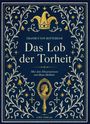 „Erasmus von Rotterdam, Das Lob der Torheit“. Goldene Verzierungen, Narrenkappe und Cameo im Vintage-Stil.