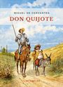 Titel: "Don Quijote". Autor: Miguel de Cervantes. Verlag: LIWI Verlag. Zwei Männer auf einem Pferd und einem Esel auf einem Feldweg.