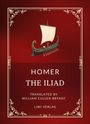 Text: HOMER, THE ILIAD, TRANSLATED BY WILLIAM CULLEN BRYANT, LIWI VERLAG. Rotes Cover mit antikem Schiff und goldenen Verzierungen.