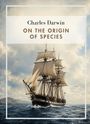 Text: Charles Darwin - On the Origin of Species. Ein Segelschiff auf dem Meer, das durch Wellen navigiert.