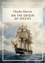 „Charles Darwin: On the Origin of Species“, darunter ein historisches Segelschiff auf bewegtem Meer vor wolkigem Himmel.