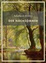 "Adalbert Stifter, DER NACHSOMMER, LMV VERLAG." Malerische Waldszene mit Bäumen und einem ruhigen Fluss im Hintergrund.