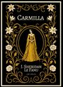 „Carmilla“ oben, „J. Sheridan Le Fanu“ unten. Illustration: Frau in gelbem Kleid, umrahmt von floralen Mustern.