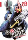 Text: "09", "ROOSTER FIGHTER", "SHU SAKURATANI". Zwei Hähne, einer mit Waffe, in actionreicher Pose.