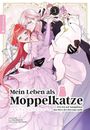 „Mein Leben als Moppelkatze“: Illustrationen einer Frau in einem lila Kleid und eines Mannes, der eine Katze hält.