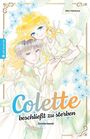 "Colette beschließt zu sterben, Sonderband." Illustration mit zwei Figuren umgeben von blauen Blumen.