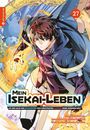 „Mein Isekai-Leben“ und „27“. Ein junger Mann mit Feuer in der Hand, umgeben von blauen Wesen und einem orangenen Bogen.