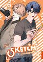 "Sketch: Jedes Bild von dir", "6 Dösak". Zwei lächelnde Figuren, einer mit Kamera, der andere mit Farbpalette.