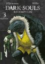 Titel: Dark Souls Redemption. Nummer 3. Maske: Großer Charakter in gelbem Gewand hält kleiner Figur in grüner Rüstung.