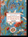 Text lautet: "The Book of Printed Fabrics", "Taschen". Lebhaftes florales Muster auf blauem Grund.