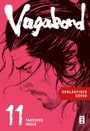 „Vagabond“, „Vorläufiges Cover“, „11“, „Takehiko Inoue“. Illustration: Profil eines konzentrierten Manns vor rotem Hintergrund.