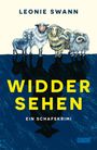 Oben: "LEONIE SWANN". Mitte: "WIDDER SEHEN". Unten: "EIN SCHAFSKRIMI". Drei Schafe und ein Widder stehen nebeneinander.