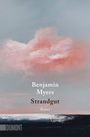"Benjamin Myers, Strandgut, Roman" vor einem pastellfarbenen Himmel und Meer, mit rosa Wolken im Hintergrund.