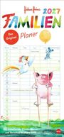 Text: "Familienplaner 2027", "Das Original", "Mit Schulferien...", "Name", "Mama", "Papa". Illustration: Tiere und Tabelle.