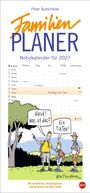 "Familienplaner, Notizkalender für 2027. Horch! Was ist das? Ein TikTok!"  
Illustration von Familie mit Baum und Specht.