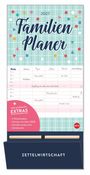 "2027 Familien Planer" steht oben. Der Hintergrund hat ein kariertes, bunt dekoriertes Muster. Unten: „Zettelwirtschaft“.
