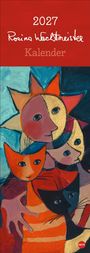 Text: 2027, Rosina Wachtmeister, Kalender. Bunte Illustration mit Sonne und drei stilisierten Katzen.