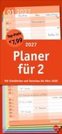 "2027 Planer für 2", Preis €7,99. Monat Januar zeigt Termine wie Zumba, Männerabend. Enthält Schulferieninfos bis März 2028.