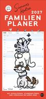 "Simons Katze 2027 Familienplaner" mit Illustrationen von Tieren in komischen Posen; enthält Platz für Notizen.