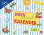 „MEIN persönlicher KALENDER 2027“. Illustration mit Streifen, Kind, Schmetterling, Blume, Gans, Eis am Stiel, Orange.