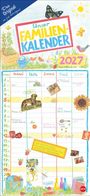 Eine bunte Illustration eines Familienkalenders für 2027 mit tierischen und floralen Verzierungen.