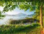 "Seeblicke 2027." Ein ruhiger See mit Schilf im Vordergrund, Berge und ein klarer Himmel im Hintergrund.