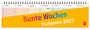 "Bunte Wochen Tischplaner 2027". Kalenderübersicht für eine Woche mit Spiralbindung und gelbem Design.