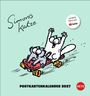 "Postkartenkalender 2027" zeigt zwei fröhliche Katzen auf einem Skateboard. "Simons Katze" und ein YouTube-Logo ergänzen die Szene.