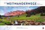 „2027 Weitwanderwege: Europas schönste Touren“. Landschaft mit Bergen, grünem Tal und fließendem Bach bei Sonnenuntergang.