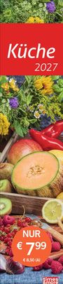 "Küche 2027. NUR € 7,99 € 8,50 (A)." Blumen, Gemüse und Obst wie Melone, Zitrone, Paprika und Beeren.