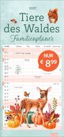 2027 Tiere des Waldes Familienplaner. Kalender mit Preis: Nur €8.99. Illustration von Waldbewohnern wie Eichhörnchen und Reh.
