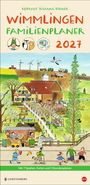 Text: "Wimmlingen Familienplaner 2027. Mit 7 Spalten, Ferien und 2 Stundenplänen." Illustration eines belebten Bauernhofs.