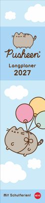 "Pusheen Langplaner 2027. Mit Schulferien! HEYE." Illustration von Pusheen, einer grauen Katze, mit bunten Ballons am Himmel.
