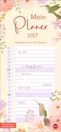 „Mein Planer 2027“ steht in großen Buchstaben. Illustrationen zeigen Blumen und Kolibris, sanfte Farben dominieren.